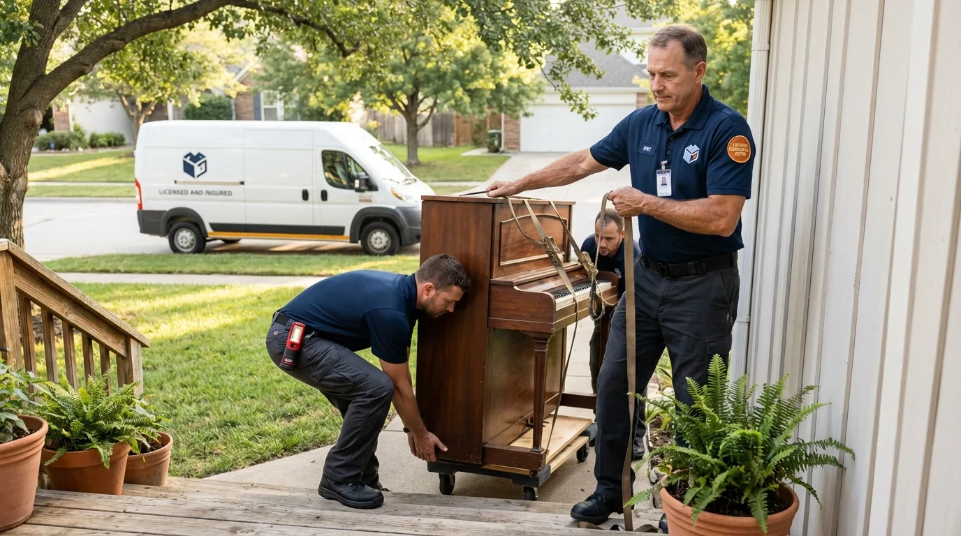 Licensed piano movers securing grand piano in Pierce City, MO