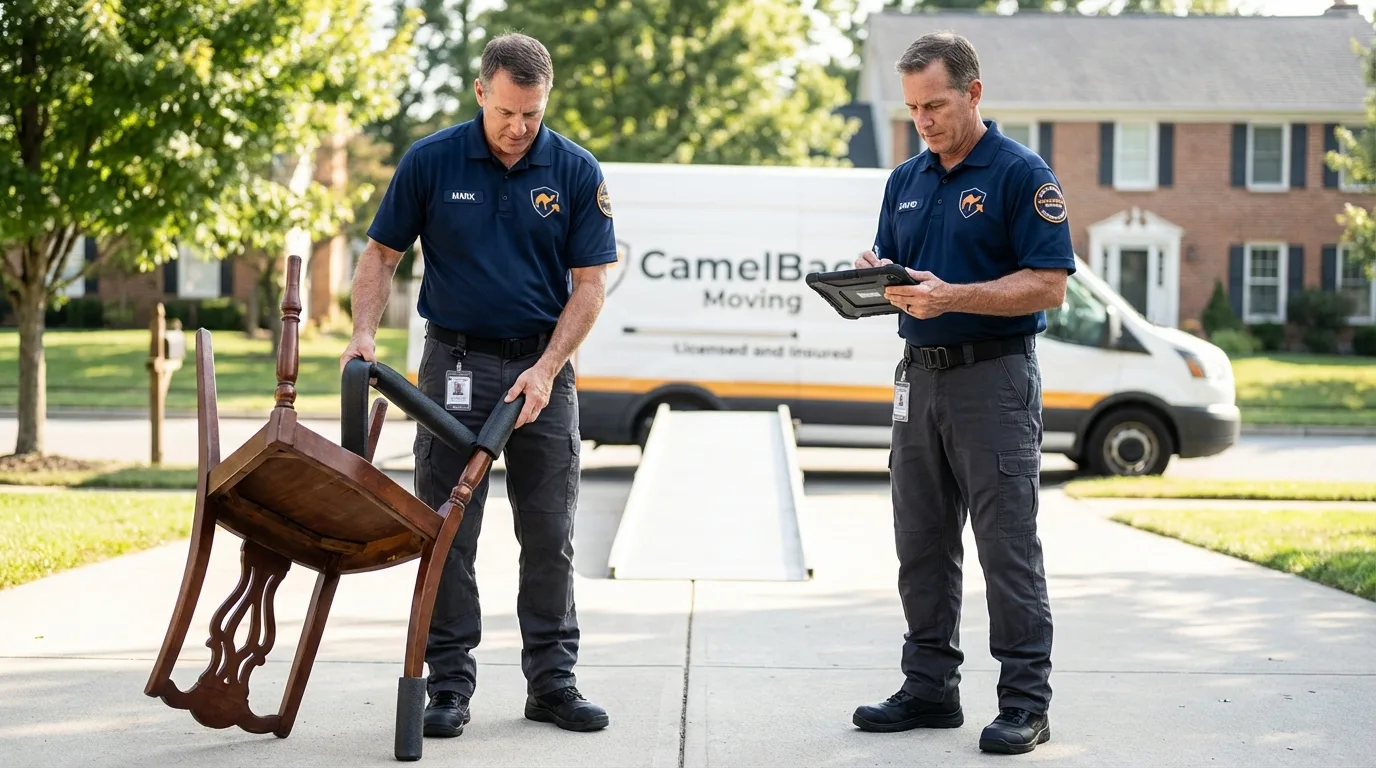 Movers inspecting furniture for damage prevention before loading in Pierce City, MO