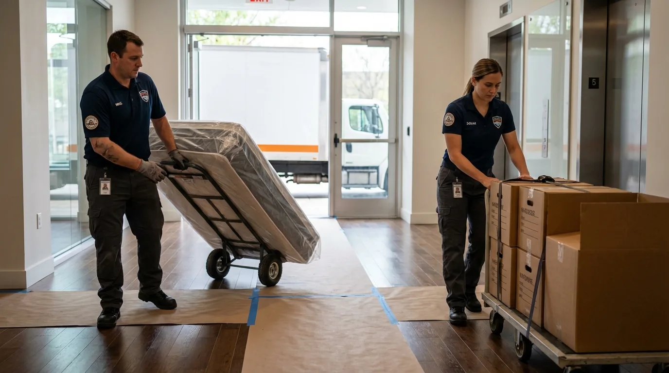 Professional apartment movers loading elevator in Pierce City, MO