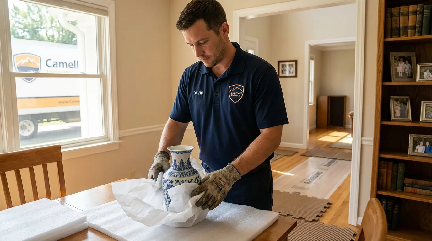 Professional crew carefully wrapping antique vase for senior downsizing move in Pierce City, MO